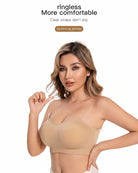 Strapless bandeau bra with removable pads in skin tone on model