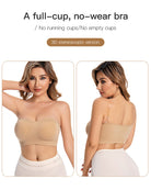 Strapless bandeau bra with removable pads in skin tone, front and back views