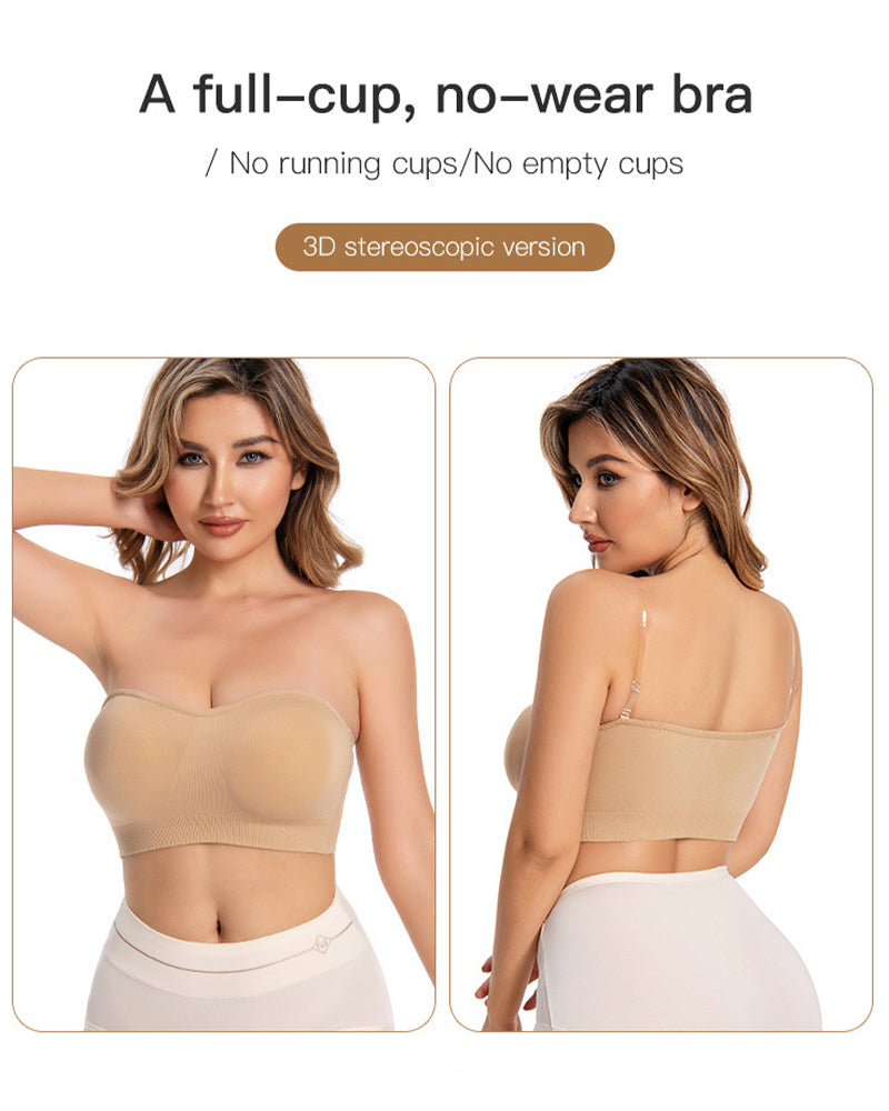 Strapless bandeau bra with removable pads in skin tone, front and back views