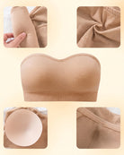Skin-tone strapless bandeau bra, fabric close-up and inner seam detail