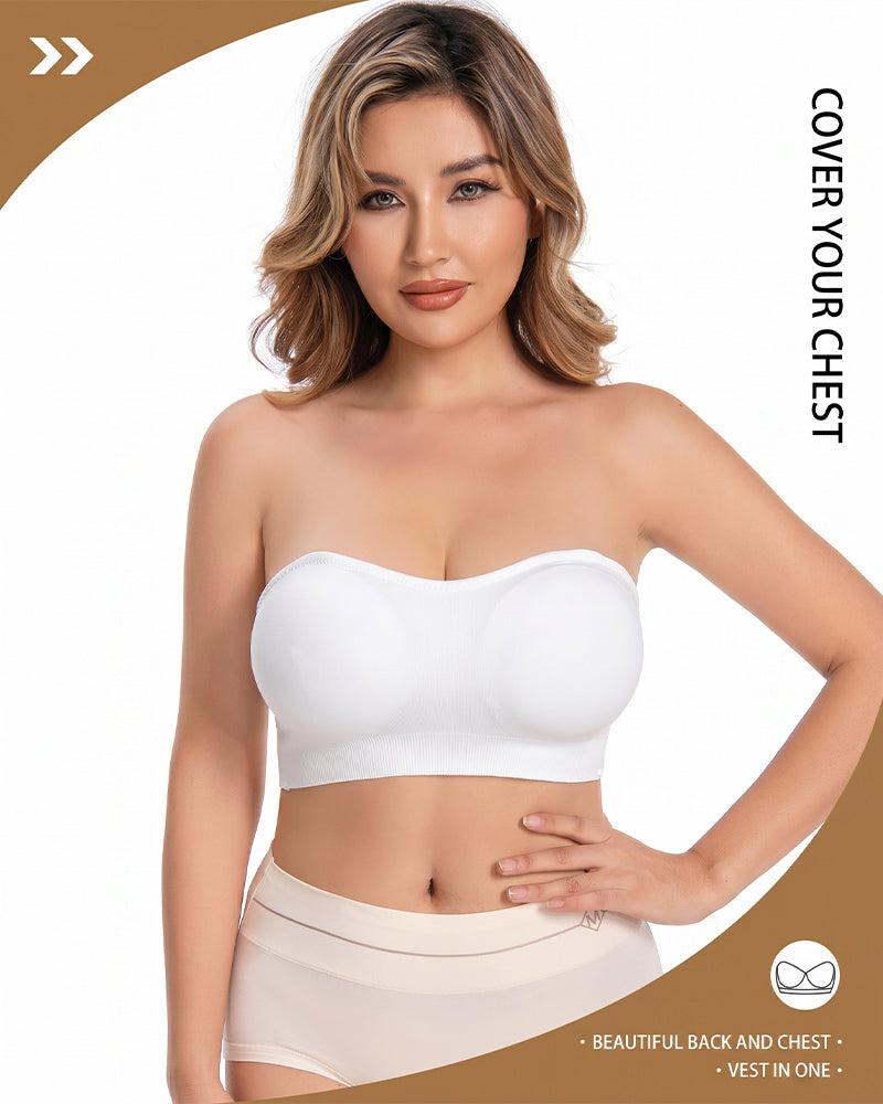 White strapless bandeau bra worn by model, smooth two-cup design