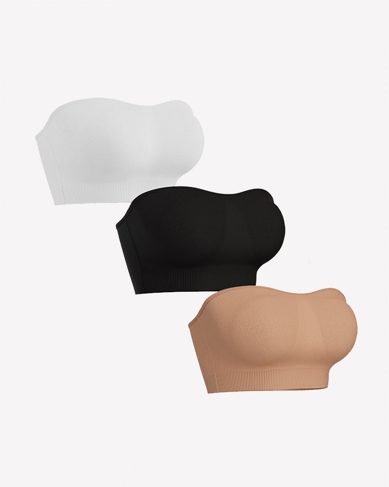 Strapless bandeau bra with removable pads set in black, skin, and white