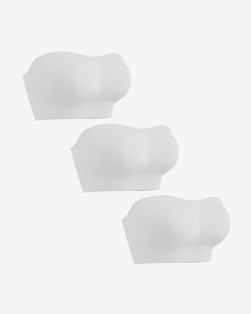 Strapless bandeau bra with removable pads in white, 3-piece view