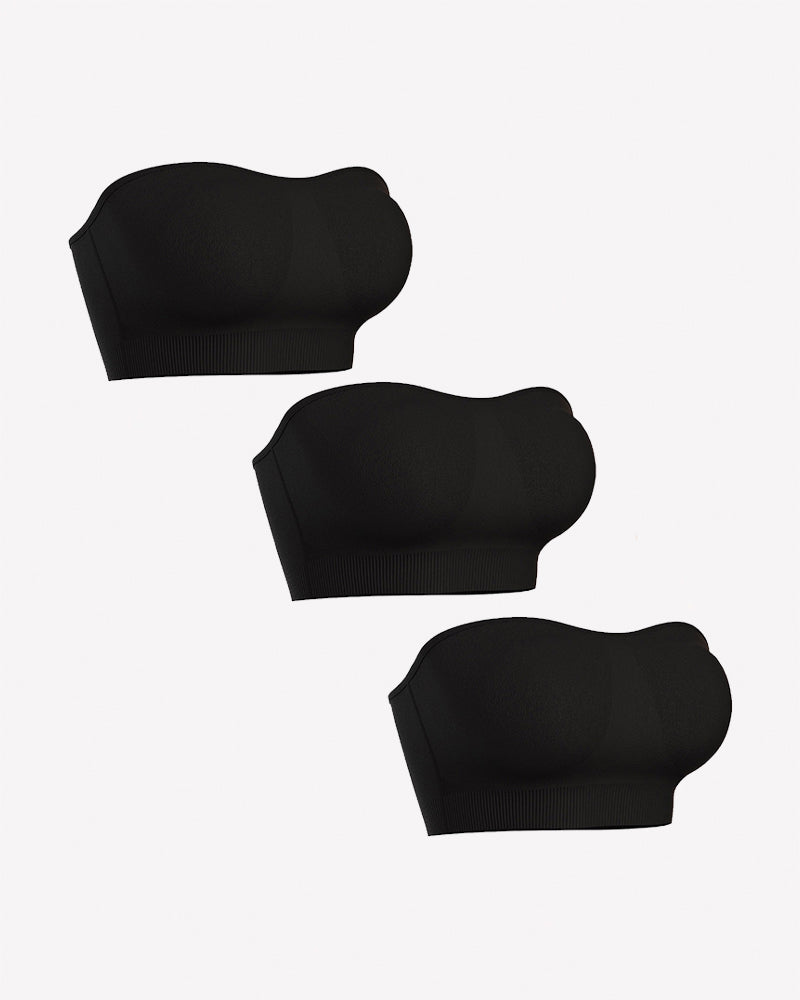 Strapless bandeau bra with removable pads in black, 3-piece view
