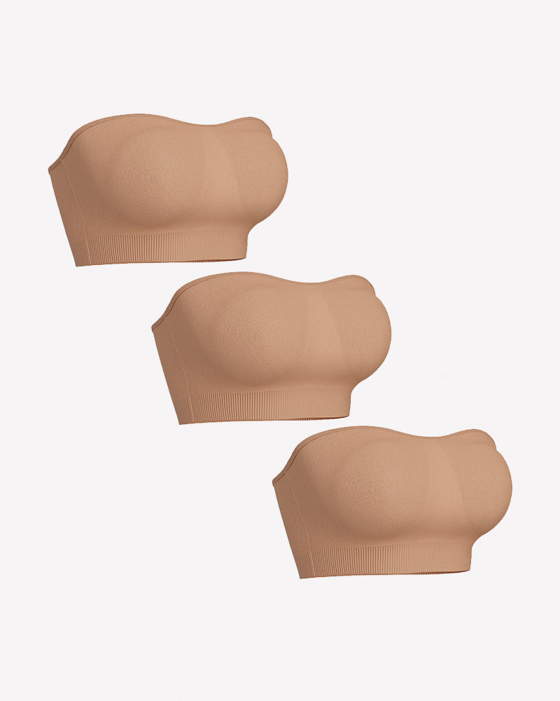 Strapless bandeau bra with removable pads in skin tone, 3-piece view
