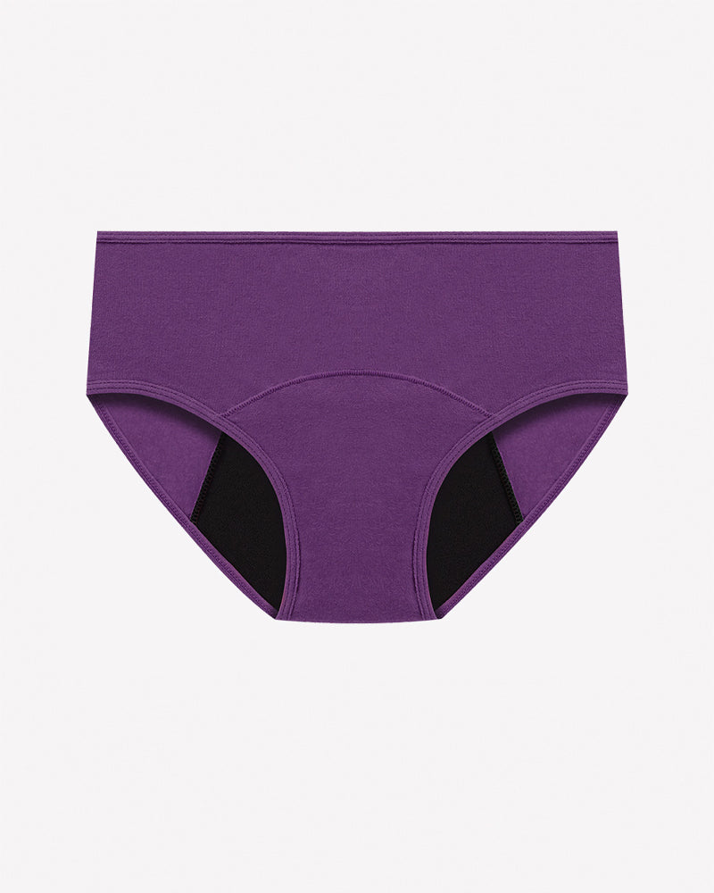 Purple high-waisted leakproof period panties, full coverage with wide waistband