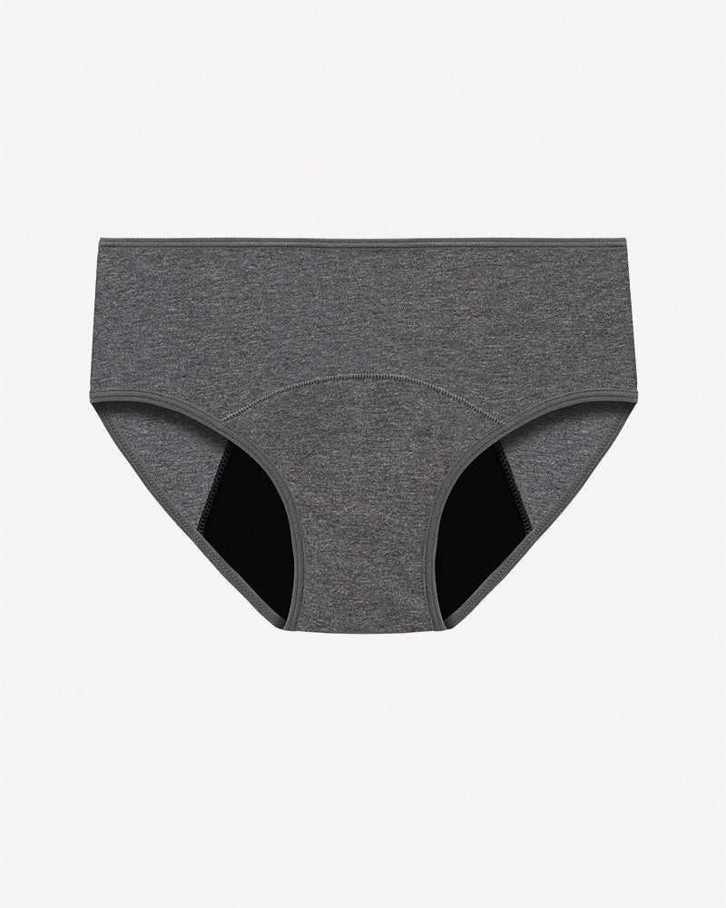 Grey high-waisted leakproof period panties, full coverage with wide waistband