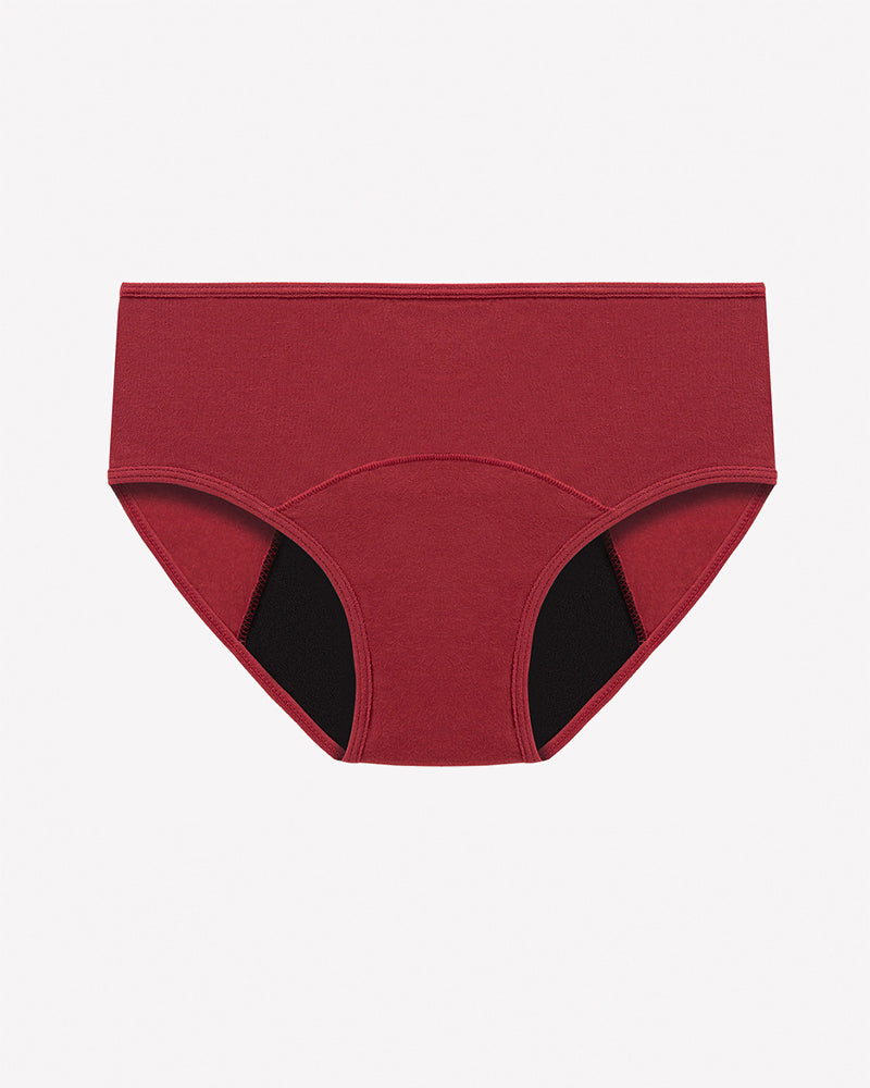 Wine red high-waisted leakproof period panties, full coverage with wide waistband