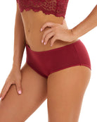 Burgundy high-waisted leakproof period panties on model, side view