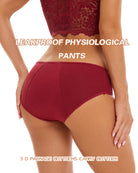 Burgundy high-waisted leakproof period panties on model, rear view