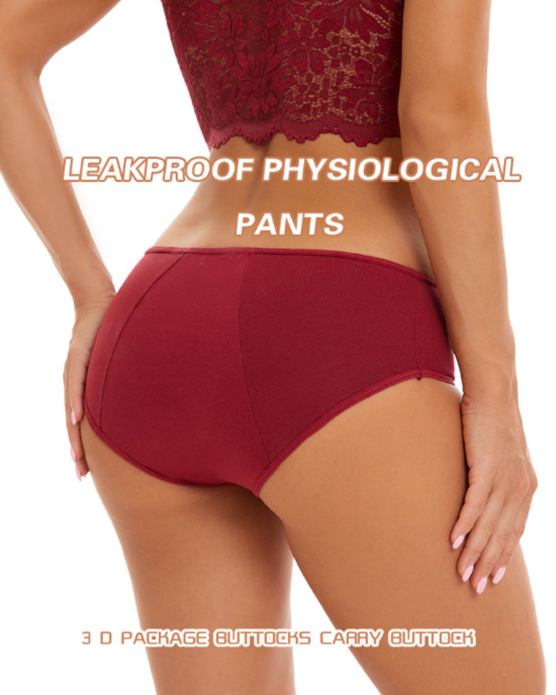 Burgundy high-waisted leakproof period panties on model, rear view