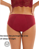 Burgundy high-waisted leakproof period panties on model, back view held at sides