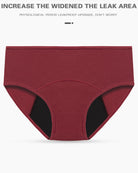 Burgundy high-waisted leakproof period panties, front view with dark inner lining