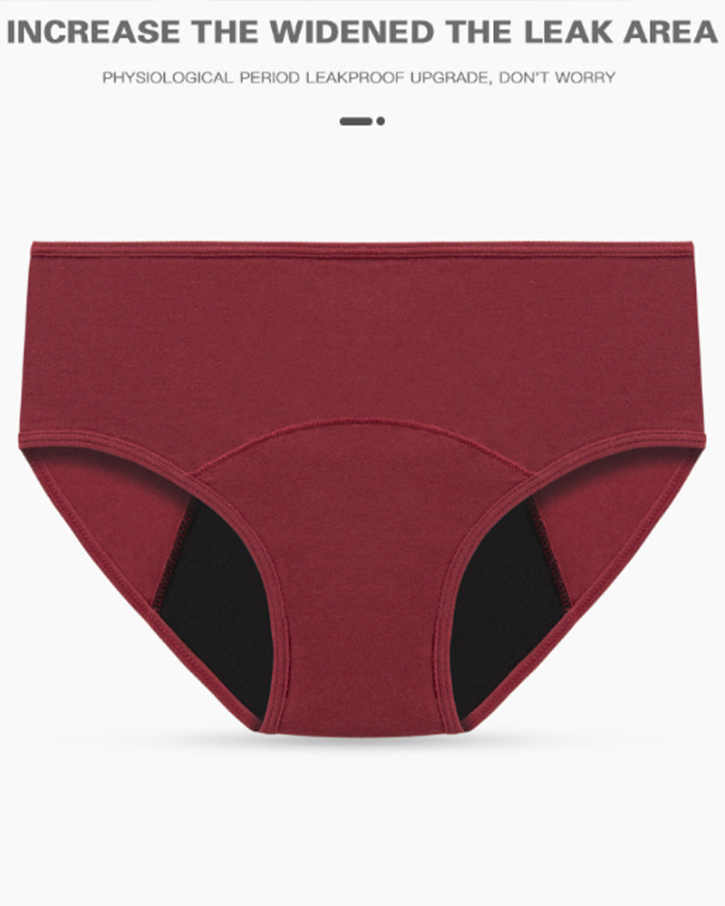Burgundy high-waisted leakproof period panties, front view with dark inner lining