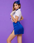 Sky blue sailor costume set with white top and satin skirt, matching hat and scarf