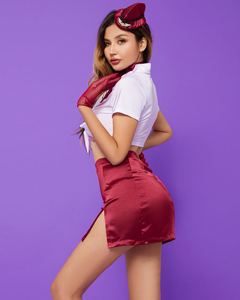 Wine red sailor costume set with white tie-front crop top and satin skirt, plus hat and gloves