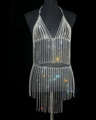 Silver rhinestone halter crop top and mini skirt with dangling vertical fringe