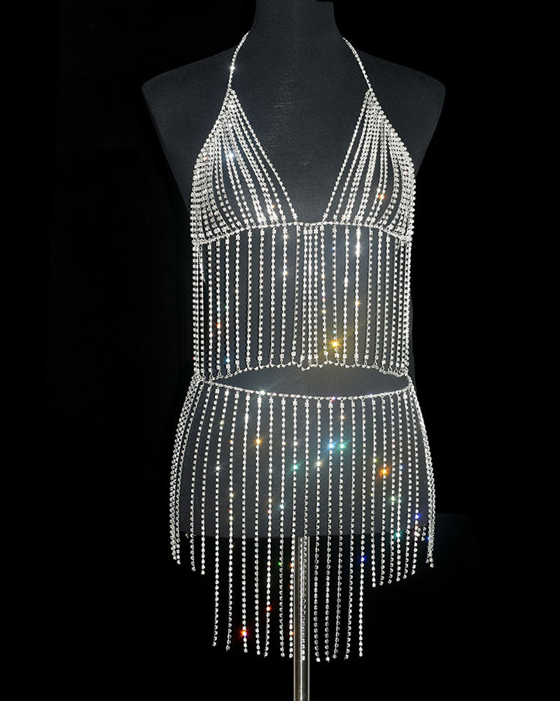 Silver rhinestone halter crop top and mini skirt with dangling vertical fringe