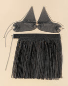 Black rhinestone halter bra top with O-ring and matching rhinestone fringe mini skirt set