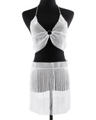 White rhinestone halter crop top with O-ring and matching fringe mini skirt on mannequin