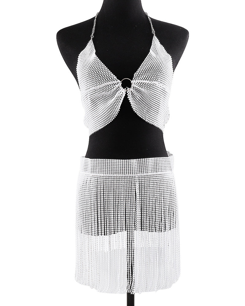 White rhinestone halter crop top with O-ring and matching fringe mini skirt on mannequin
