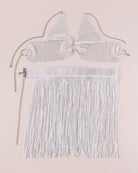 White rhinestone halter bra with O-ring detail and matching rhinestone fringe mini skirt set