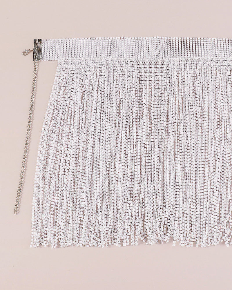 White rhinestone fringe mini skirt with dangling tassels and chain side strap