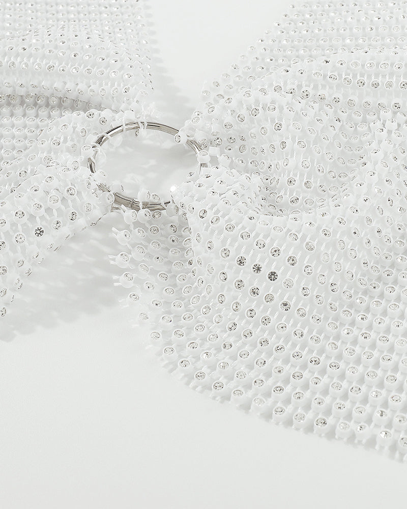 White rhinestone O-ring halter crop top