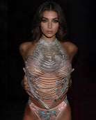 Silver rhinestone halter top with layered chain fringe and open side cut