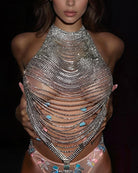 Silver rhinestone halter top with multi-layer chain fringe detailing