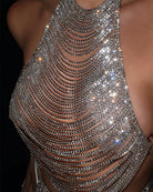 Silver rhinestone halter top with multi-layer chain fringe rows