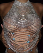Silver rhinestone halter top with multi-layer chain fringe and halter neckline