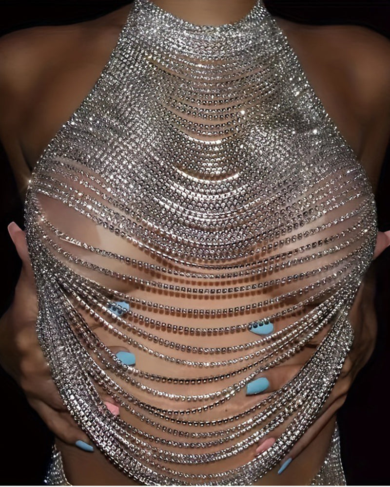 Silver rhinestone halter top with multi-layer chain fringe and halter neckline