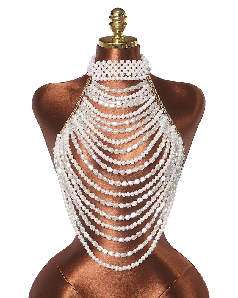 White pearl halter crop top with scalloped multi-row beading front