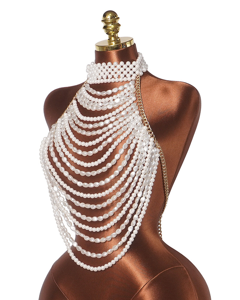White pearl halter crop top with layered bead fringe and gold-tone chain detail