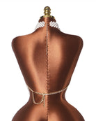 White pearl halter crop top with long tie chain and open back