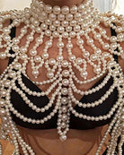 Pearl fringe halter top with dense layered pearl body chains, cascading pearl rows