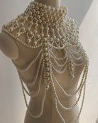 Pearl fringe halter top with multi-layer pearl body chain, long pearl drops and fringe