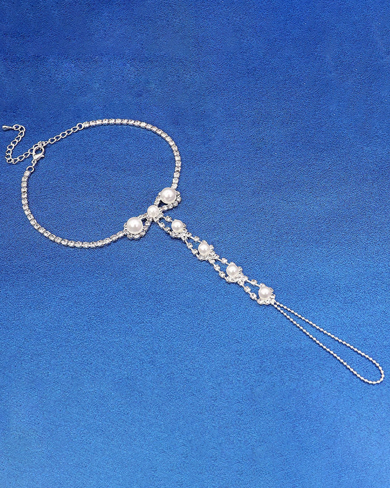 Pearl rhinestone toe anklet bracelet with clasp, pearl links and hanging tassel