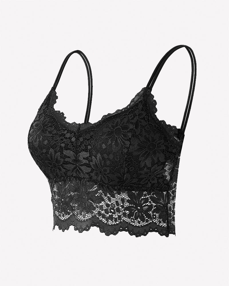 Black floral lace bralette crop top with scalloped trim and spaghetti straps.