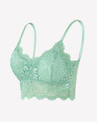 Green floral lace bralette crop top with scalloped trim and spaghetti straps.
