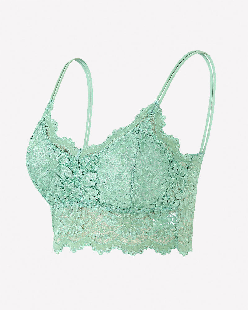 Green floral lace bralette crop top with scalloped trim and spaghetti straps.