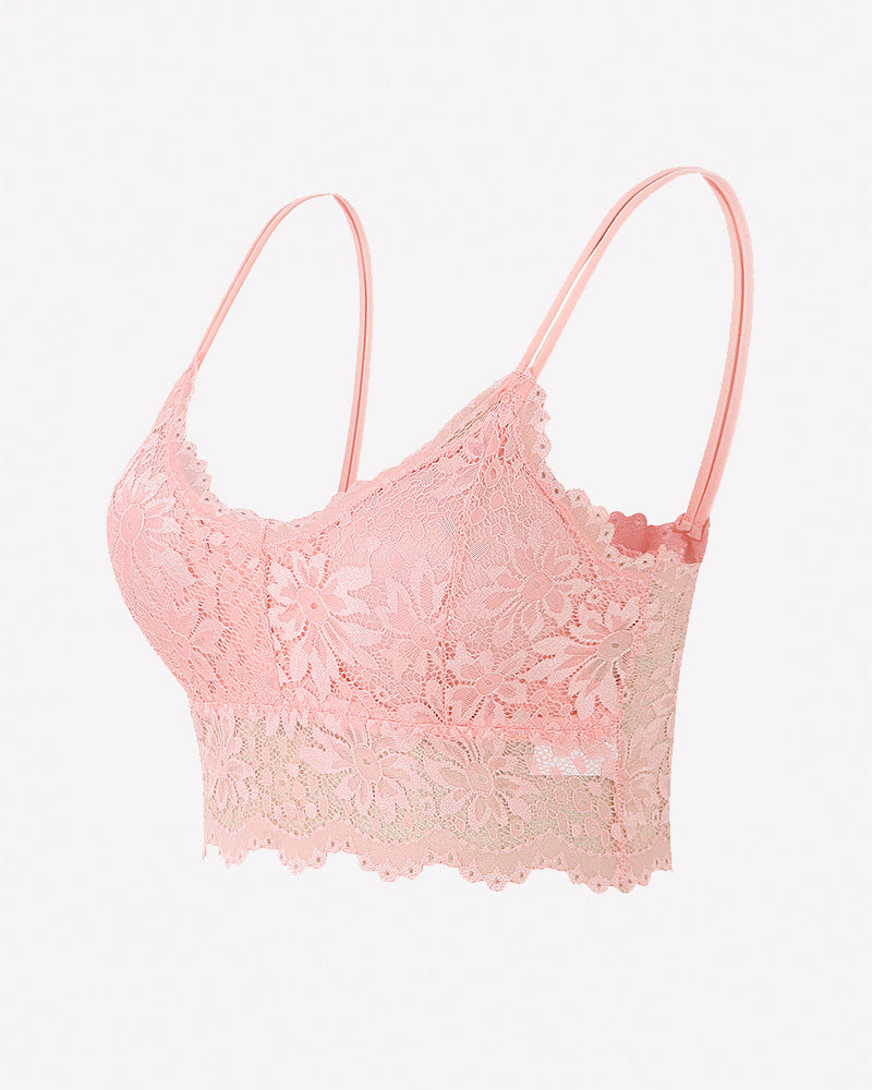 Pink floral lace bralette crop top with scalloped trim and spaghetti straps.
