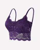 Purple floral lace bralette crop top with scalloped trim and spaghetti straps.