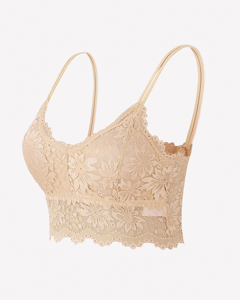Beige floral lace bralette crop top with scalloped trim and spaghetti straps.