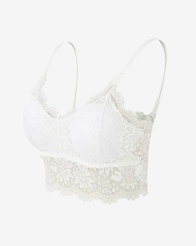 White floral lace bralette crop top with scalloped trim and spaghetti straps.