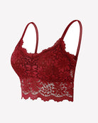 Wine red floral lace bralette crop top with scalloped trim and spaghetti straps.