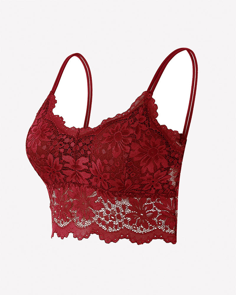 Wine red floral lace bralette crop top with scalloped trim and spaghetti straps.