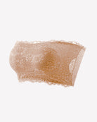 Beige floral lace strapless bandeau bra with scalloped trim and all-over lace pattern.