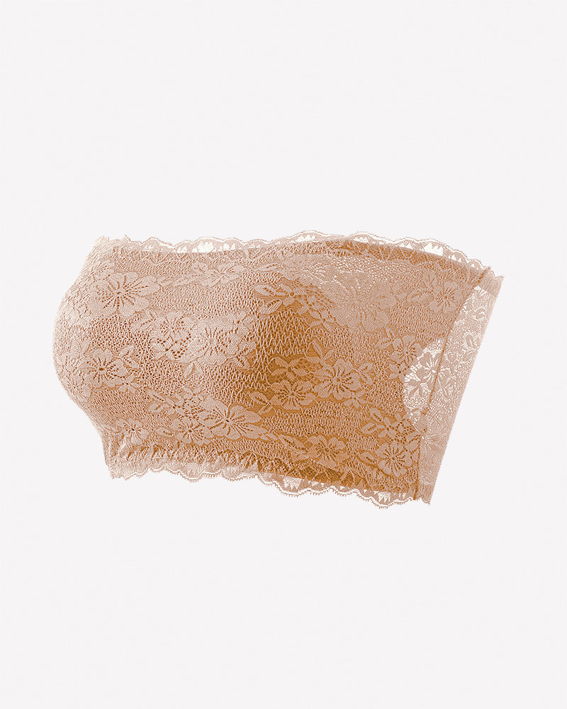 Beige floral lace strapless bandeau bra with scalloped trim and all-over lace pattern.